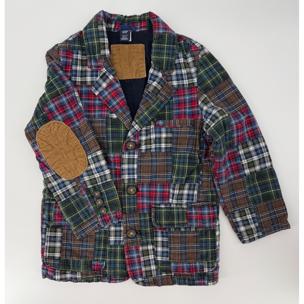 Gap Patchwork Blazer Boys 5T Red Blue Green Plaid Corduroy Elbow Patches Preppy‎